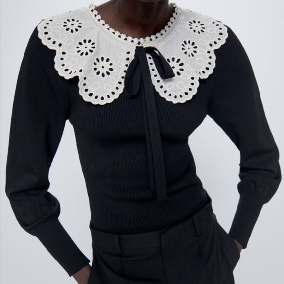 Zara Black With White Collared Ribbed Sweater Size M - Picture 4 of 4